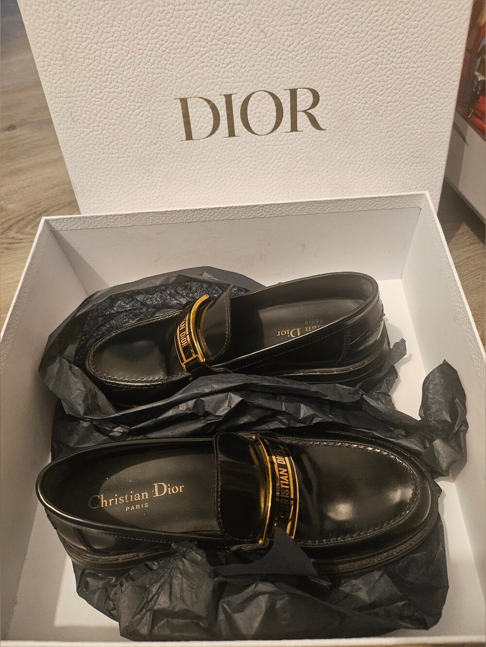 Christian Dior Black Calfskin Leather Lug-Sole Loafer with Gold Accent.  VGUC